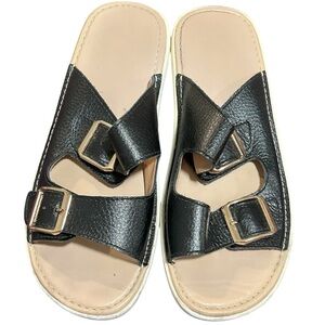 Black Leather Slide Sandals with Buckles